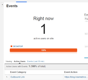 Outbound link clicks can be tracked in Google Analytics with the Real time event viewer.