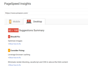 Amazon receives a poor Google Page Speed Insights score yet has fast loading speed.