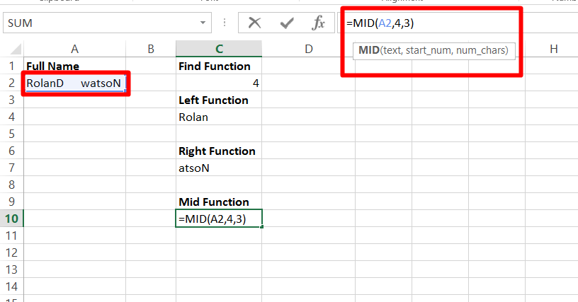 Use the mid function in excel