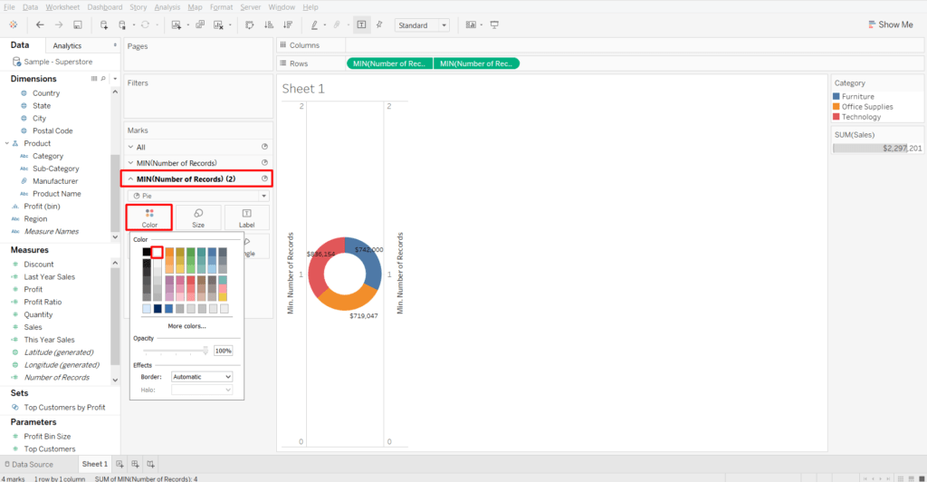 you will need to change the color of the internal circle to create a donut chart in Tableau
