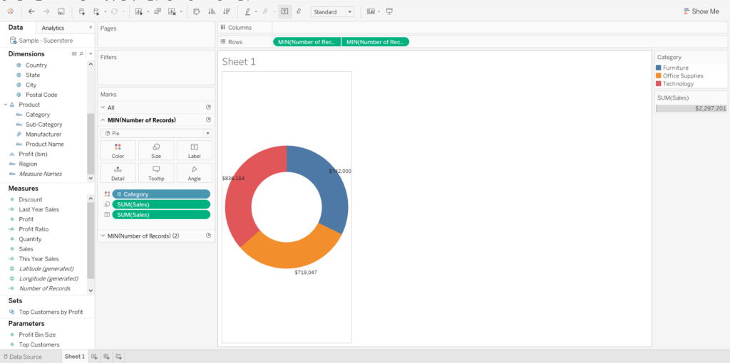 You will need to increase the size of the visualizations for donut chart in Tableau