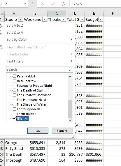 Use filter to delete blanks in excel rows