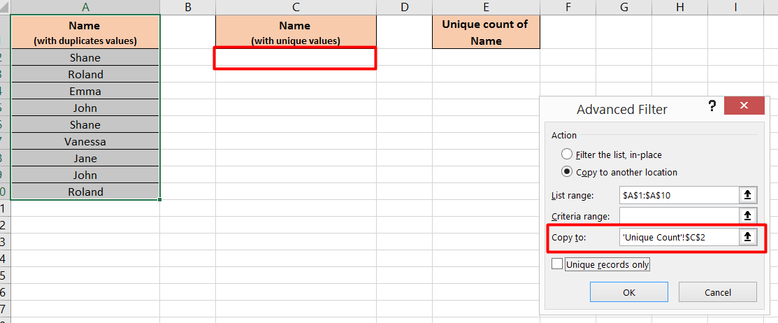 Use the unique only in the advanced filter to identify only unique values. 